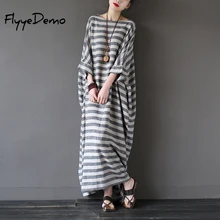 Новое Осеннее летнее платье ретро винтажное Полосатое платье с рукавами «летучая мышь» Макси Длинное свободное женское платье повседневное Брендовое льняное платье