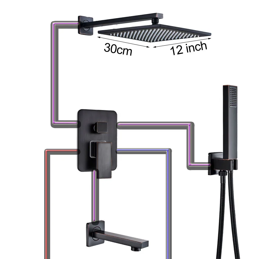 Настенный 1" дождевой смеситель для душа с одной ручкой, скрытый смеситель для душа для ванны с ручным черным душевым краном, латунный носик - Цвет: 12 inch shower A