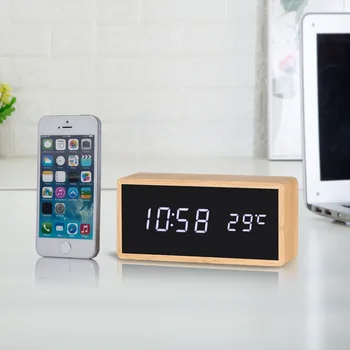 

Ganxin Bamboo Wooden Alarm Clock LED Display with Mirror Temp Square Digital Alarm Clock