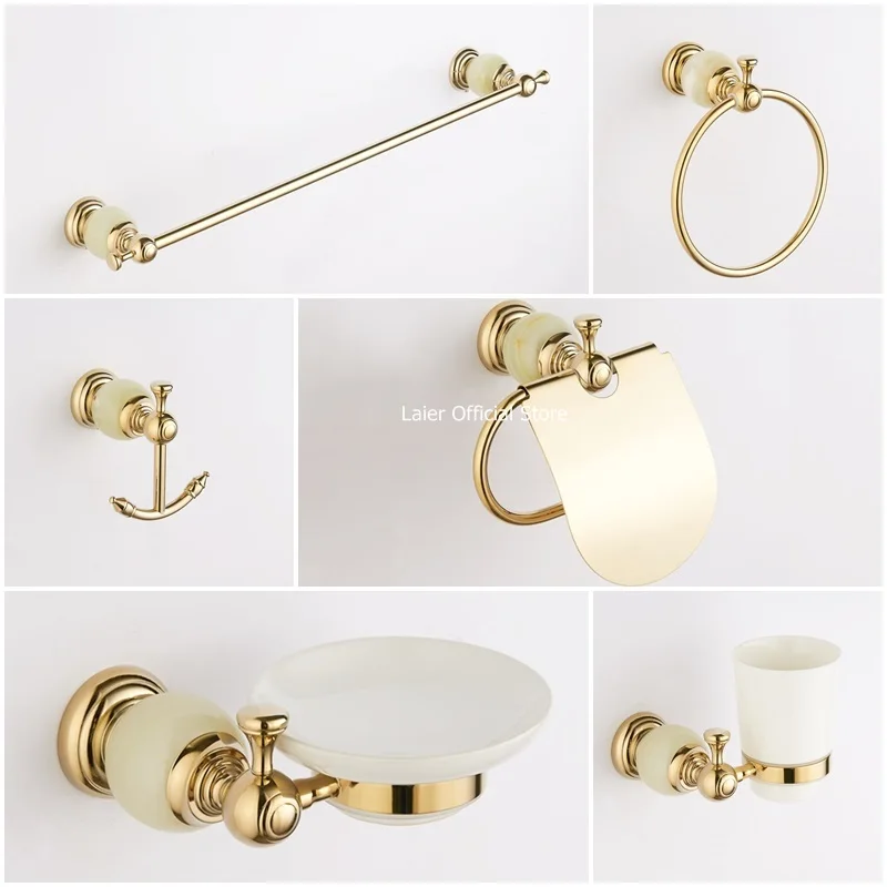 Shiny gold bathroom accessories set White jade stone ...