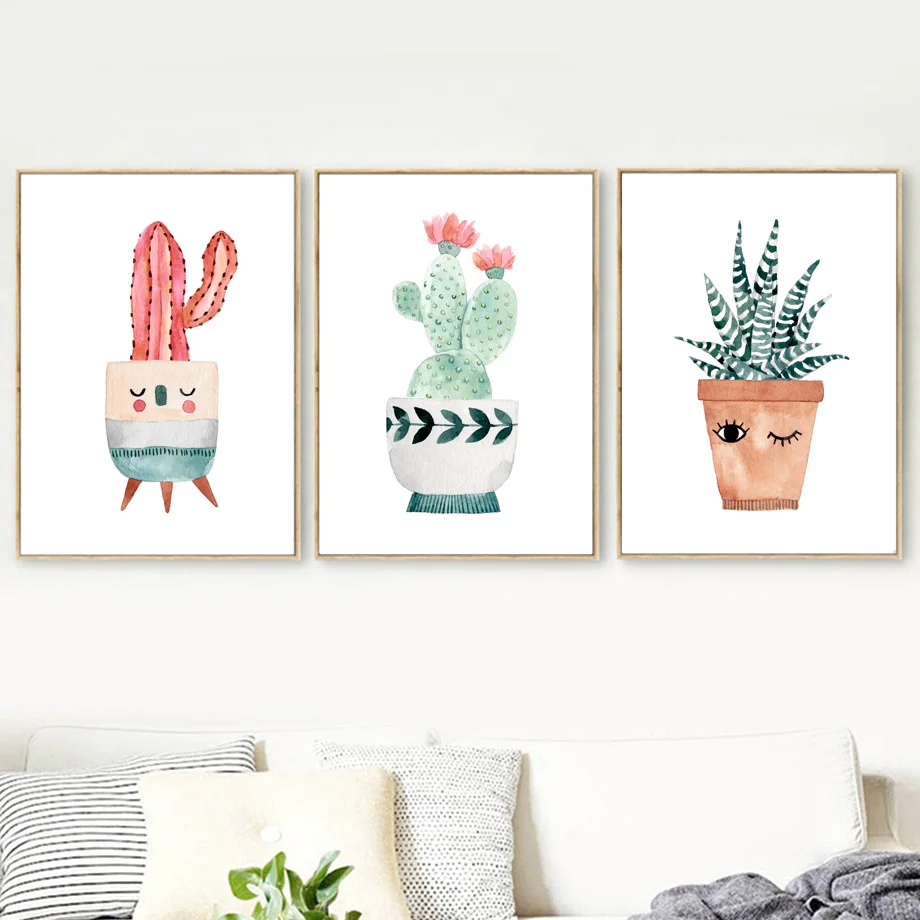 

Gohipang Watercolor Cartoon Potted Cactus Flower Wall Art Canvas Painting Nordic Posters And Prints Wall Pictures Kids Room Wall