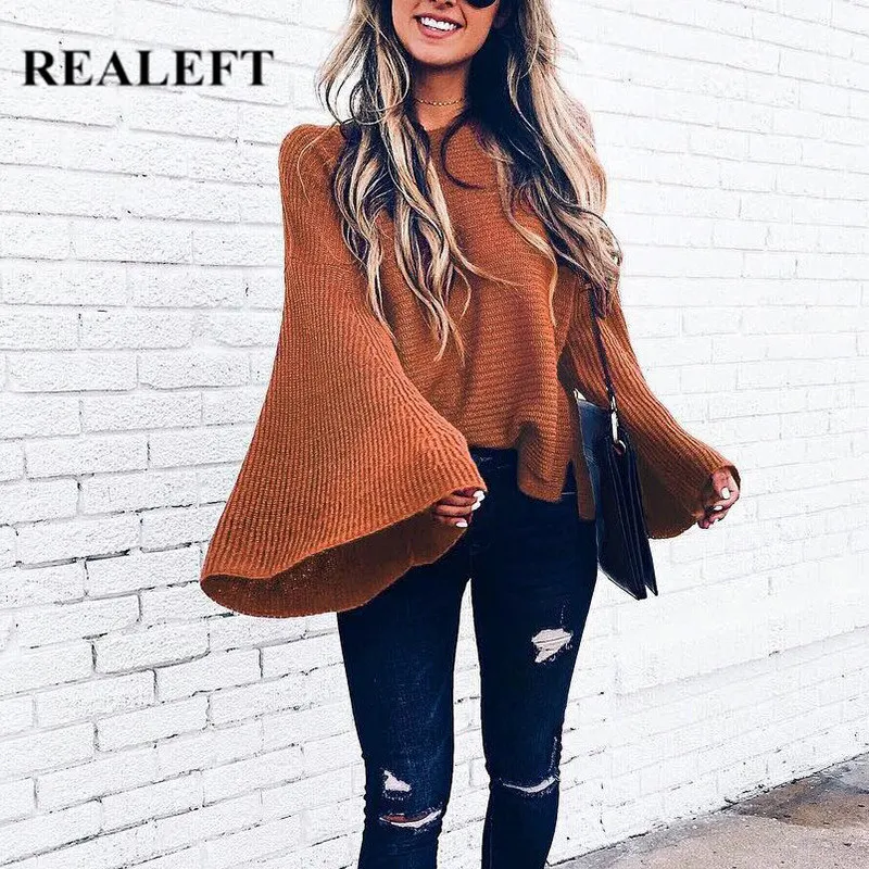 

REALEFT 2019 Winter Autumn Pullover Sweater for Women New Arrival Flare Sleeve 4 Color Warm Casual Knitted Sweaters Oversize