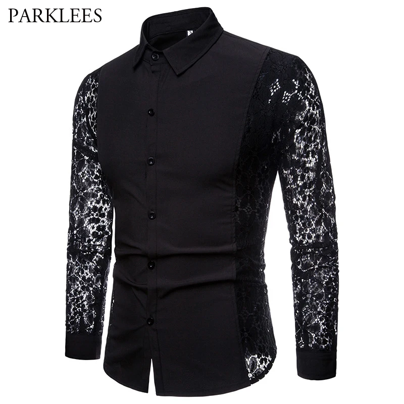 Vente Hommes fleur Patchwork broderie dentelle Chemise 2019 mode Transparent Sexy robe chemises hommes voir creux Club fête événement Chemise