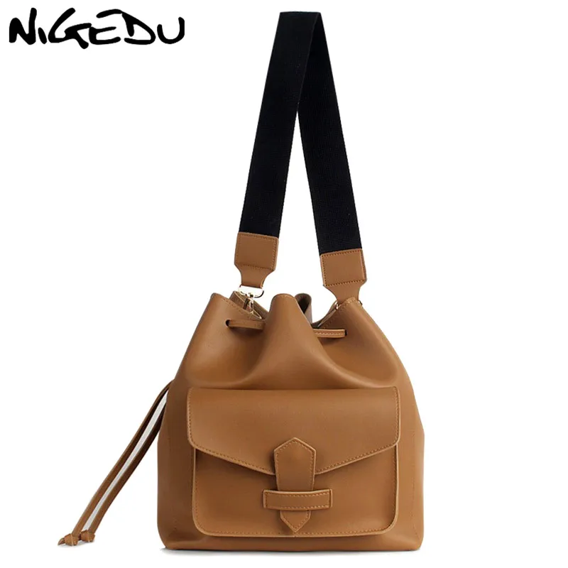 Buy Wide Strap Shoulder bag women Vintage Drawstring Bucket Bag PU Leather