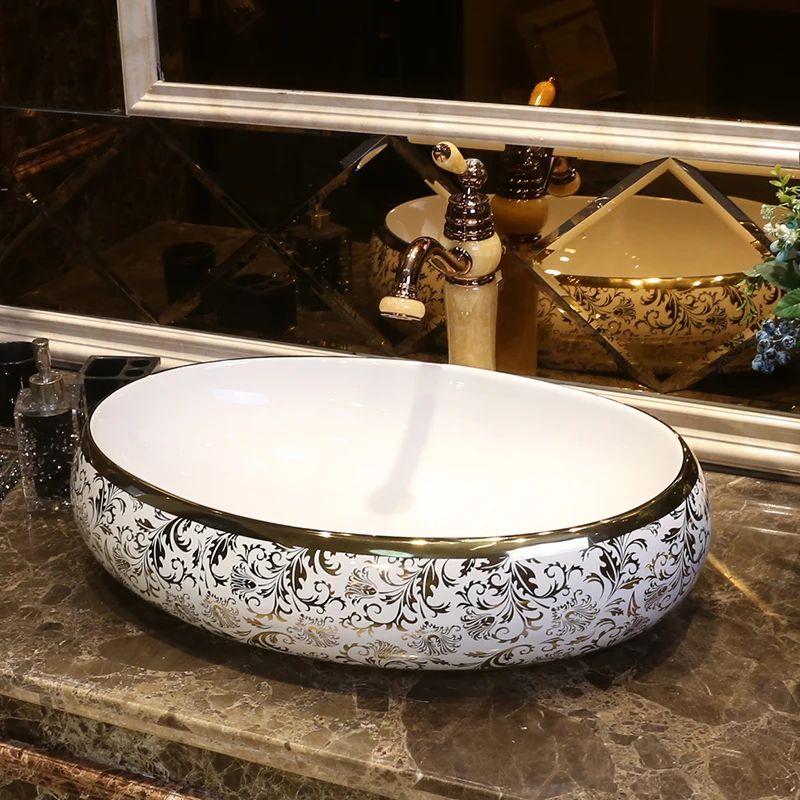 Oval gold chinese wash basin sink bathroom sink bowl countertop Ceramic wash basin bathroom sink painted sink (6)
