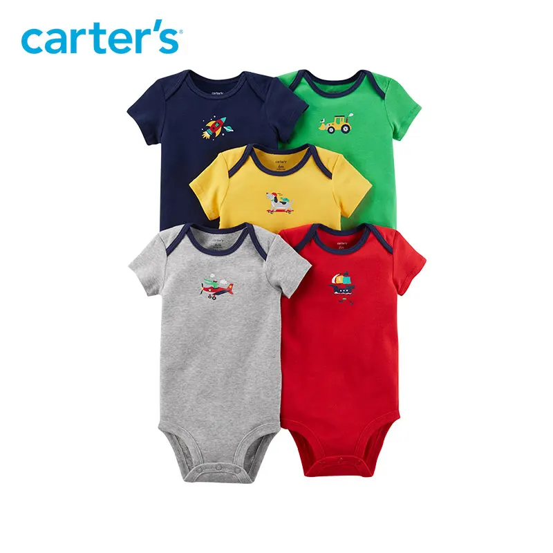 

5pcs sweet vehicle prints Cotton Expandable shoulders bodysuits sets Carter's baby boy Summer clothing sets 126H322