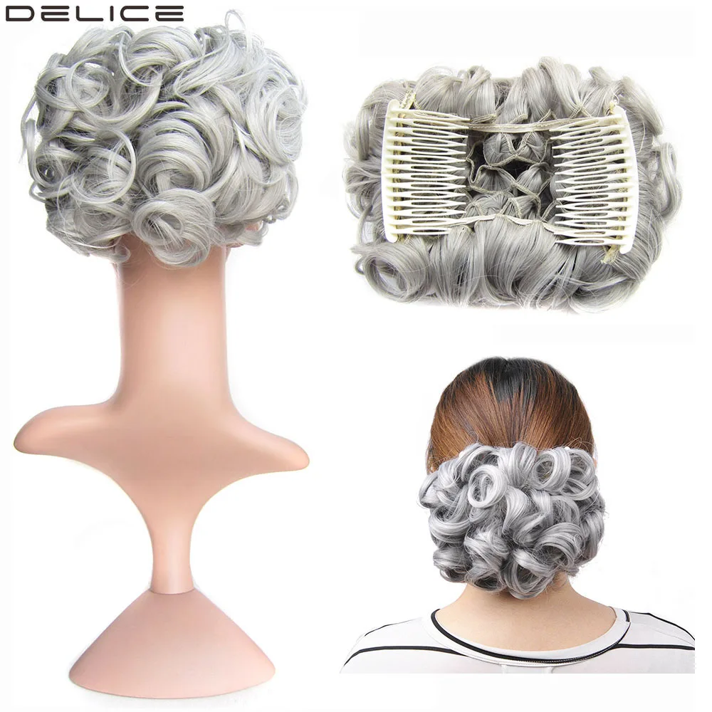 

[DELICE] Gray Blonde Elastic Net Synthetic Curly Chignon With Two Plastic Combs Updo Cover Hair Bun For Women