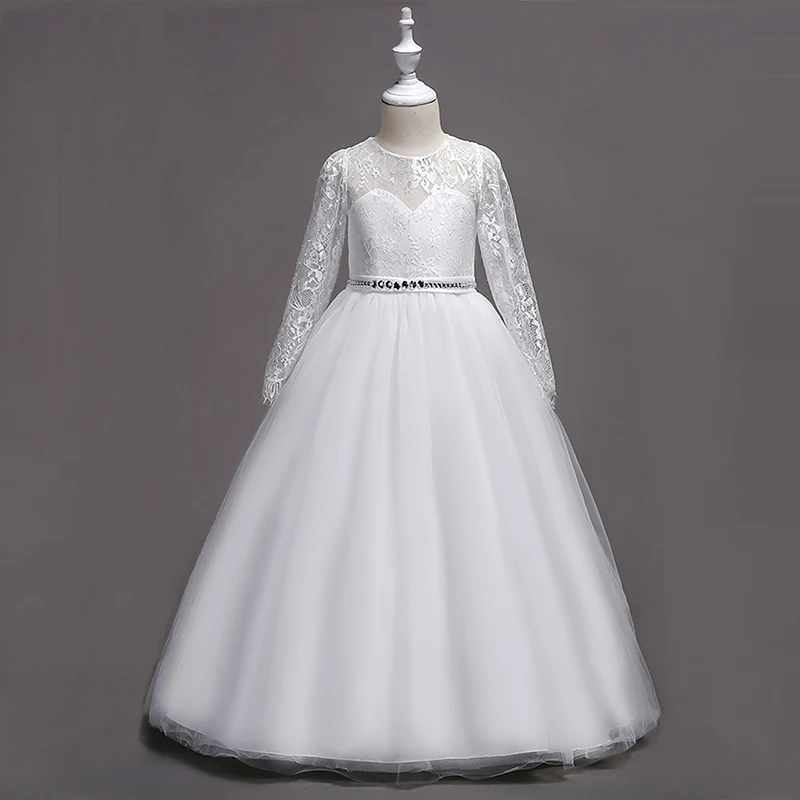 Детское бальное платье на молнии с длинным рукавом и бусинами|vestido daminha|kids promscommunion
