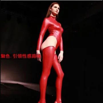 Plus Size PU Latex Garments Long Sleeve Bodysuit Women Tights Gym Wear Zipper Open Crotch Erotic Body Shapewear Stage Costumes cut out bodysuit Bodysuits