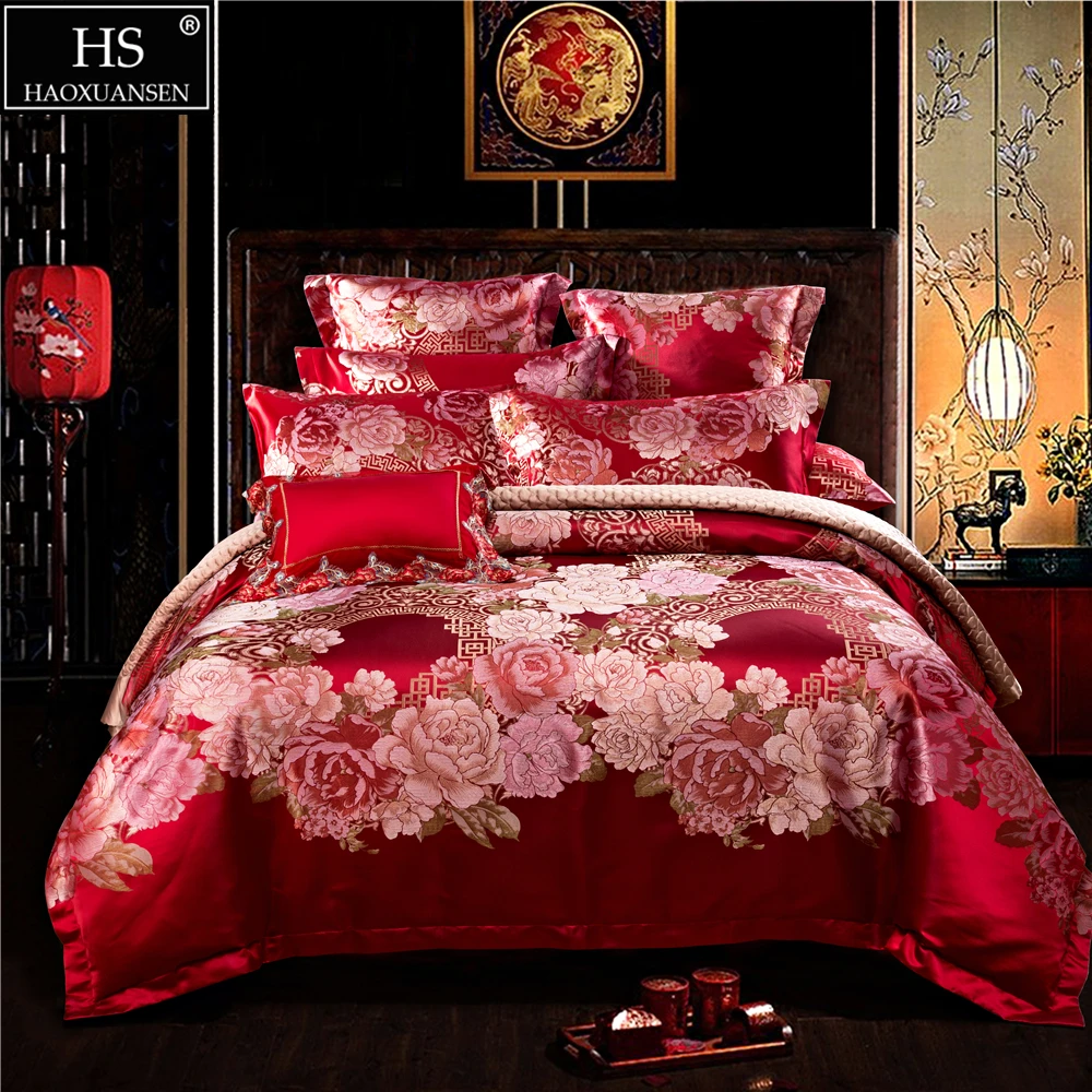 Chinese Western Mix And Match Style Peony Queen King Size Red