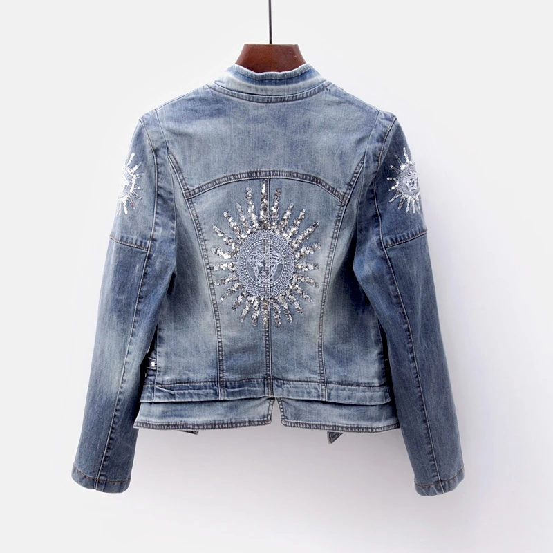 Coréenne Veste Survêtement Décontracté Jeans Base Blue Dark Taille Slim light Blue De Printemps Broderie Sequin Denim Manteau Femmes Zipper Grande Automne YE4BBxq