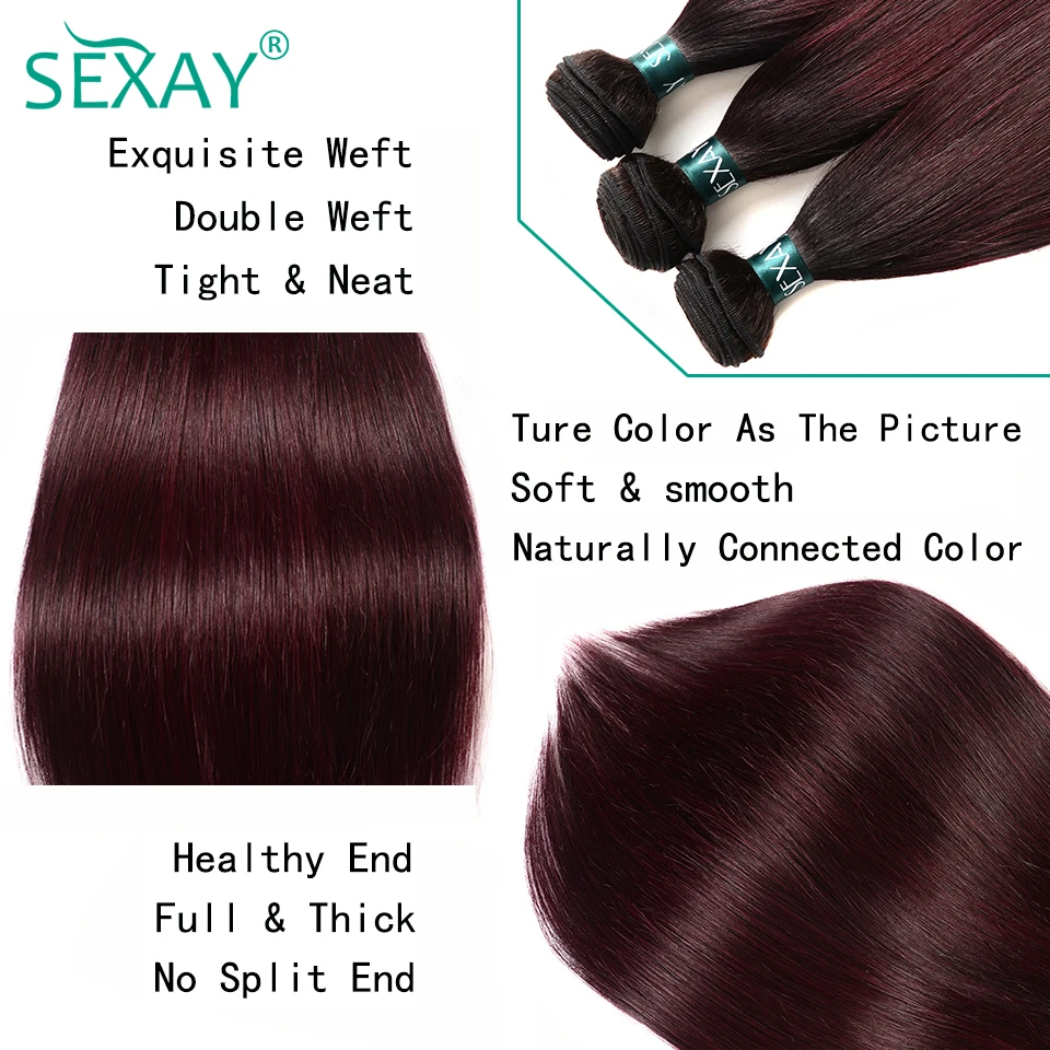 Ombre Hair 3 Bundles With Closure Sexay Professional 1B/99J Burgundy Dark Wine Red 100% Human Hair Brazilian Straight Human Hair