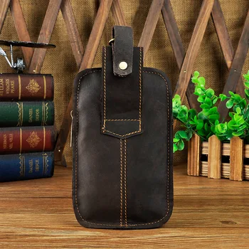 Real Leather men Casual Design Small Waist Bag Cowhide Fashion Hook Bum Bag Waist Belt Pack Cigarette Case 5.5 6