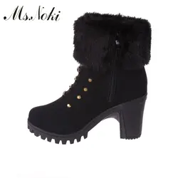 MS Noki/женские ботильоны на меху, квадратный высокий каблук, острый носок, высокое качество, женская теплая обувь внутри, новая модная обувь