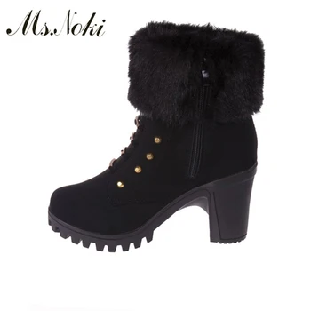 

Ms Noki Fur Women Ankle Boots Square High heel Pointed Toe Supper Quality Woman Warm inside New Fashion Shoes