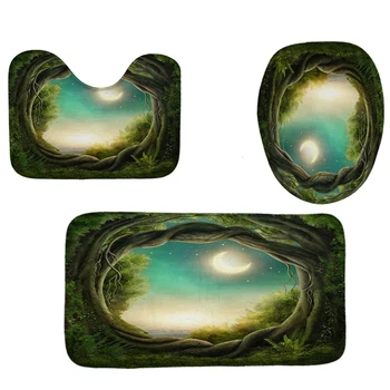 

4Pcs Home Bathroom Decor Set Bathroom Tree Hole Pattern Toilet Seat Cover Bath Mat Set+ Waterproof Shower Curtain