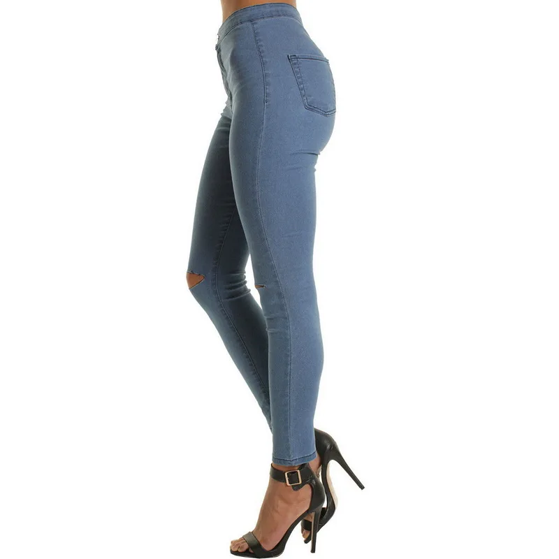 Laamei/Повседневные обтягивающие джинсы с высокой талией для женщин; Узкие рваные джинсы до колена для девочек; эластичные брюки-карандаш; цвет черный, синий