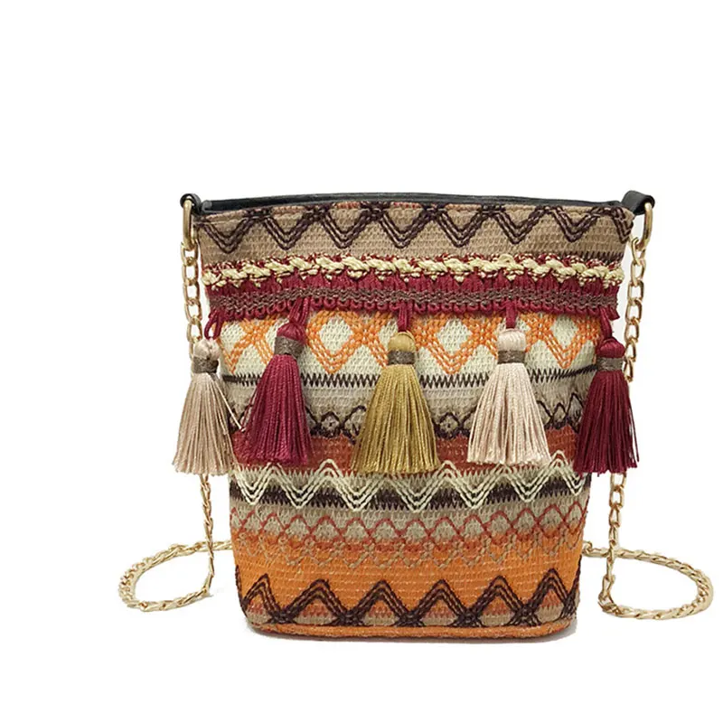 

Women Tassels National Bucket Bags Embroiderd Bohemian Summer Shoulder Bag Crossbody Bags Fashion Chains Handbag