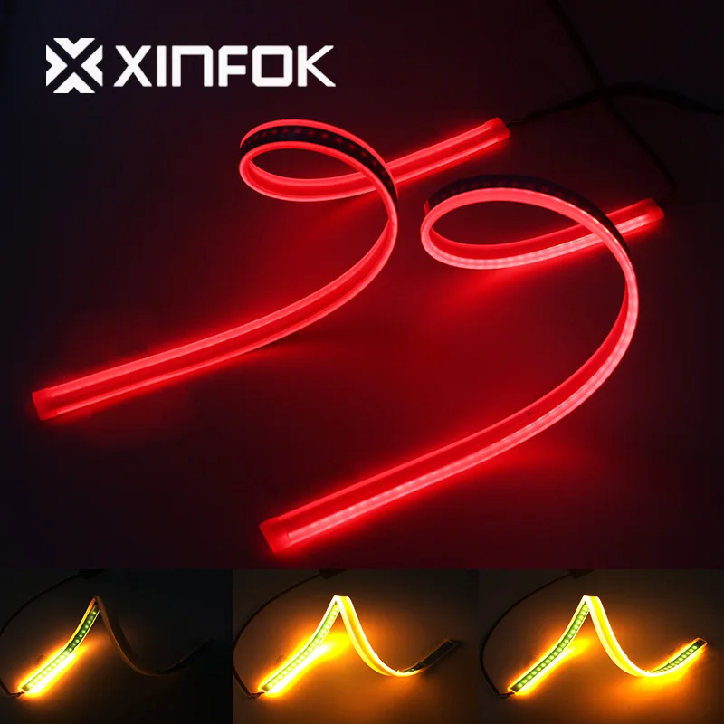 

2x Waterproof DRL 60cm Daytime Running Light Flexible Car LED Strip Brake Backup Rear Turn signal Yellow flow Motorcycle Lights