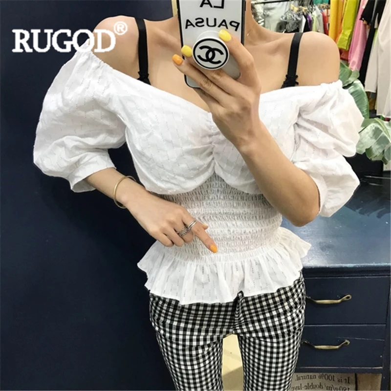

RUGOD Women solid pleated v-neck blouse puff sleeve high waist ruffles short style shirt new summer fashion female elegant top