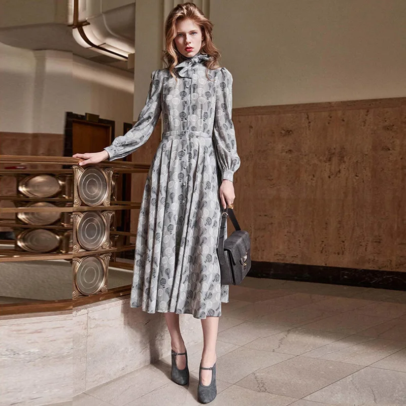 

2019 Summer Vintage Gray Floral Print Long Dress Women Runway Designer Lace up Ladies Christmas Party Dresses Clothing