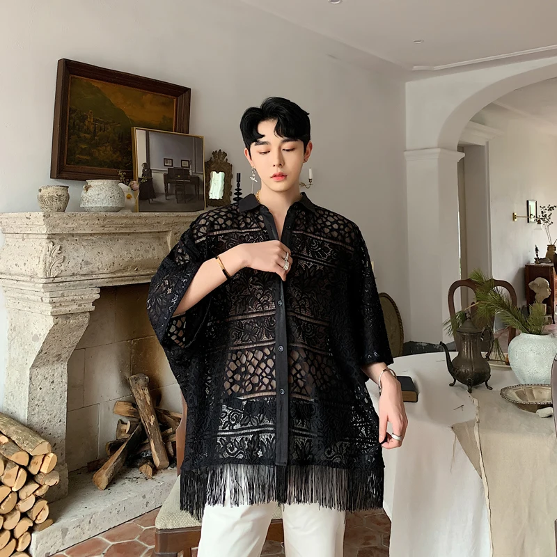 

Men Summer Short Sleeve Oversize Tassels Hollow Lace Shirts Male Women Streetwear Fashion Loose Shirts Beach Shirt Cardigans
