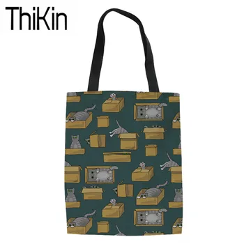 

THIKIN Women Linen Tote Bags for Shopping Ladies Box Cat Printing Shoulder Shopper Bag Females Foldable Shopping Bags Storage