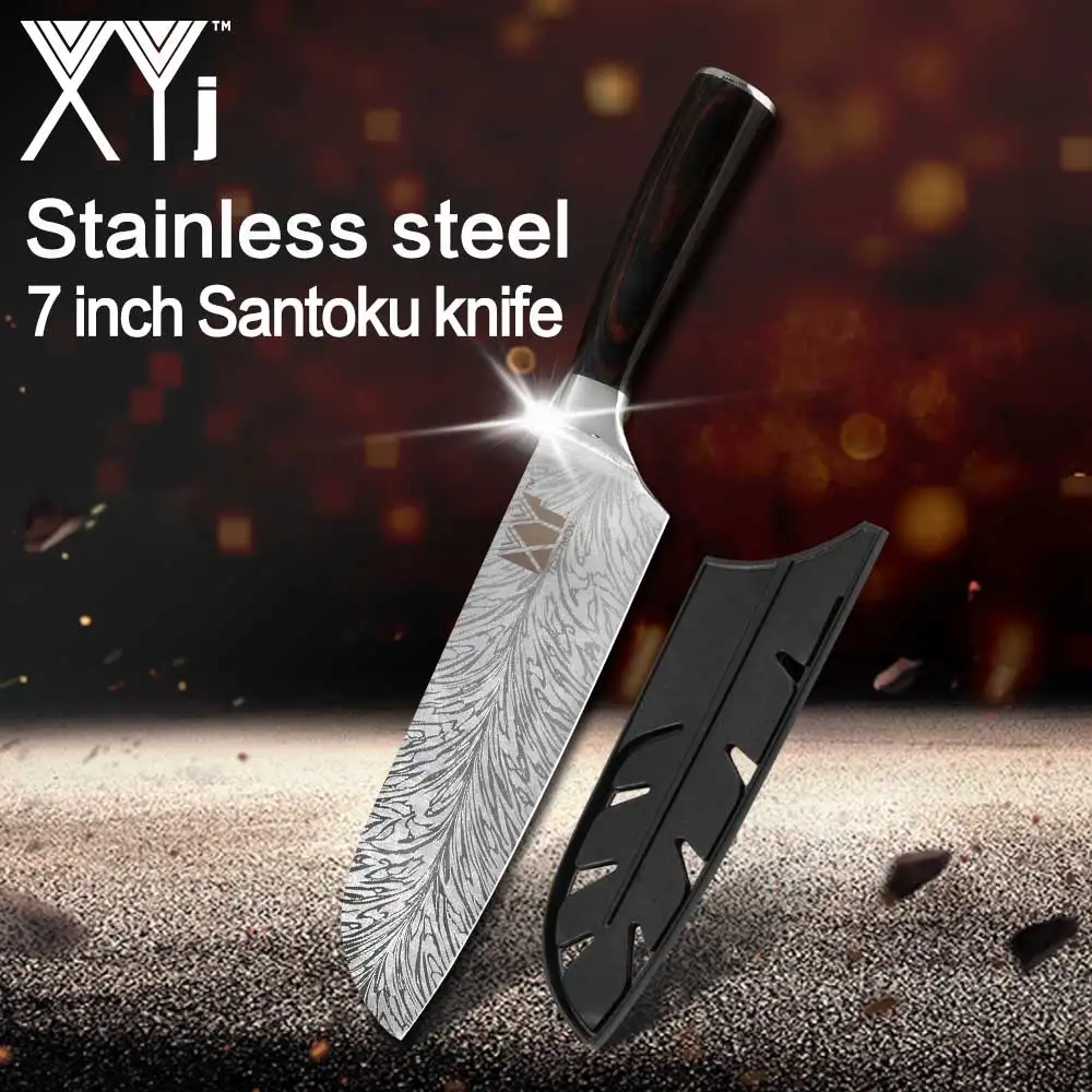 XYj кухонный нож шеф-повара, японские ножи 7CR17 440C из высокоуглеродистой нержавеющей стали, перо, лазерный узор, овощной нож Santoku