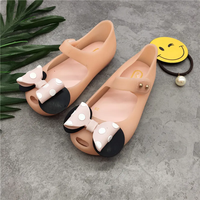 Mini Melissa/прозрачные сандалии для девочек; летняя детская сетчатая дышащая прозрачная обувь с бантиком Микки Мауса для девочек; сандалии для девочек; 14-16,5 см - Цвет: Бежевый