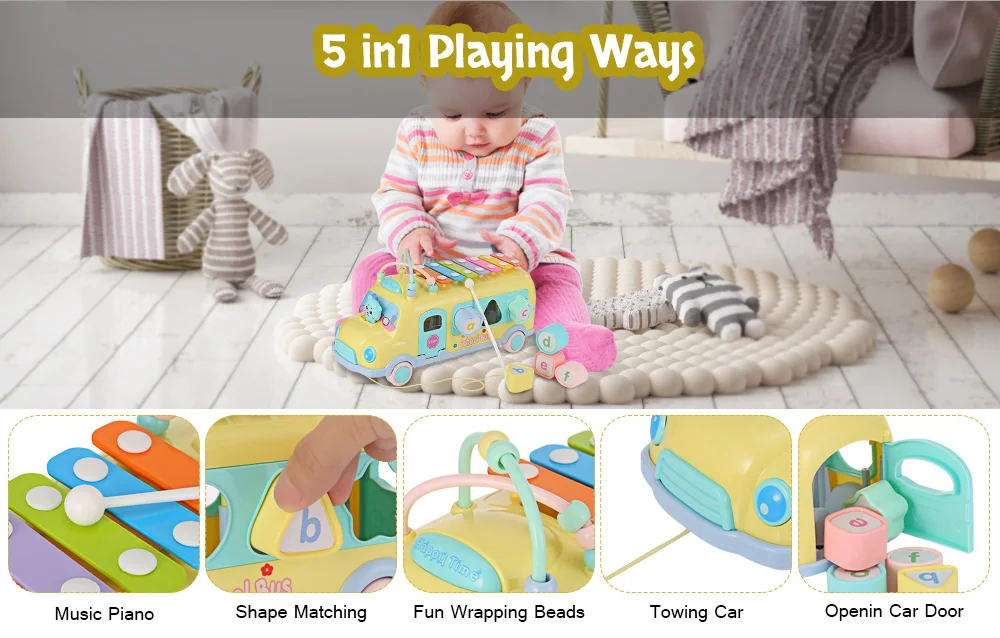 Baby Musical Toy Percussion Kid Music Instrument School Bus Toys Piano Matching Blocks  ( (4)