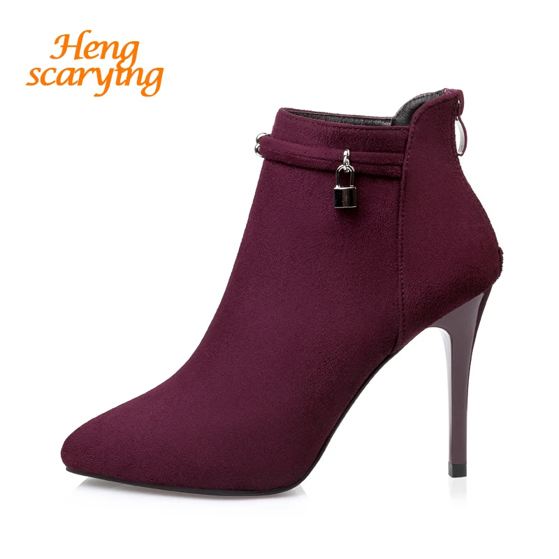 

2018 Fashion Women 10.5cm High Heels Ankle Suede Boots Sexy Fetish Heels Winter Scarpins Boots Stiletto Chelsea Fuschia Shoes