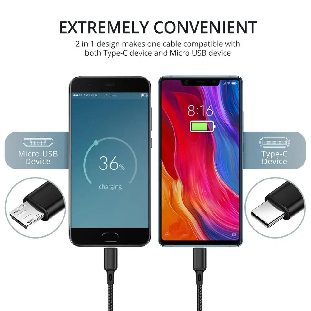 FONKEN 2 в 1 USB кабель type C Micro USB быстрая зарядка провода 1 м отдельный USB C нейлоновая оплетка для мобильных телефонов Android кабели