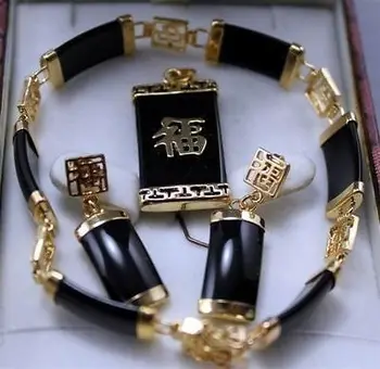 

black jade bracelet earring pendant/necklace Set>^^>18K gold plated watch Quartz stone CZ crystal