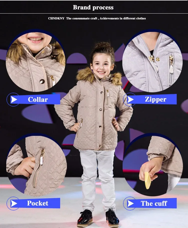 Зимние парки с меховым капюшоном для девочек Новинка 2017 года, брендовые осенние куртки на молнии для детей от 4 до 10 лет однотонная верхняя