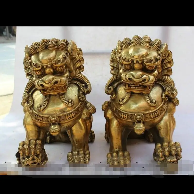 

zhaorui4884368+ +16" Chinese Fengshui Brass Door Fu Foo Dog Guardion Lion Ball Son Statue Pair