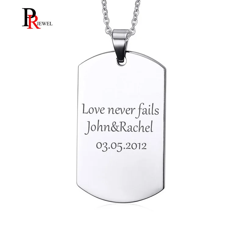 

Stainless Steel Plain Dog Tag Pendant Necklace with 24" Chain Love Never Fails Free Custom Engraving Name Date Promise Love Gift