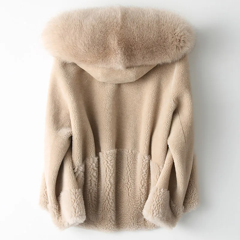 Зимнее пальто, Женское пальто из натурального меха, Овечья овчина, шерстяная куртка, Лисий мех, отделка, капюшон, куртка, теплое пальто, Abrigo Mujer KQN18154 YY408