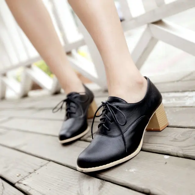 

Women large Size 34-43 Lace Up Med Square Heel High Quality Stylishl neutral Woman Fashion spring and autumn Shoes