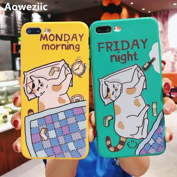 

Aoweziic Creativity Monday five lazy cat for iPhone XS MAX XR phone case 6S 7PLUS 8 matte all-inclusive anti-fall soft shell