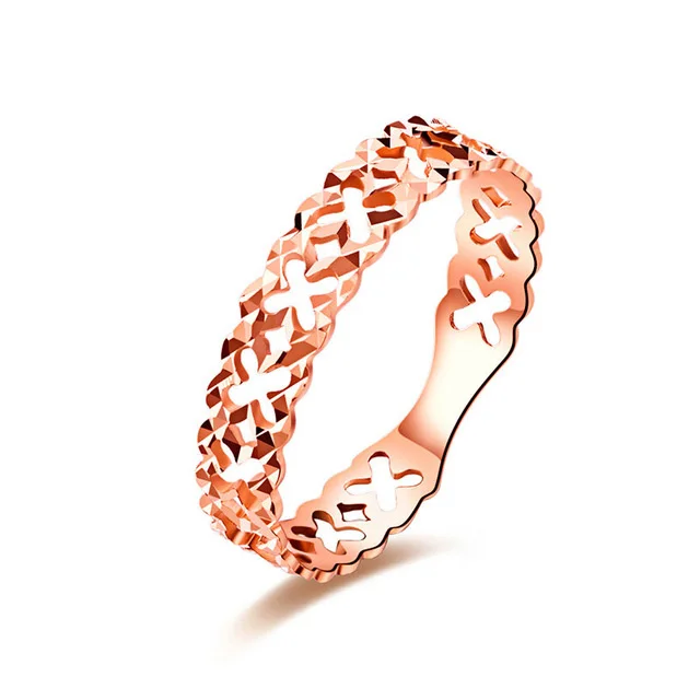 

Glitzy 18k Real Rose Gold Diamond Cut Ring For Women Girlfriend Hollow Four Leaf Clover Bands Fine Engagement Jewelry Customize