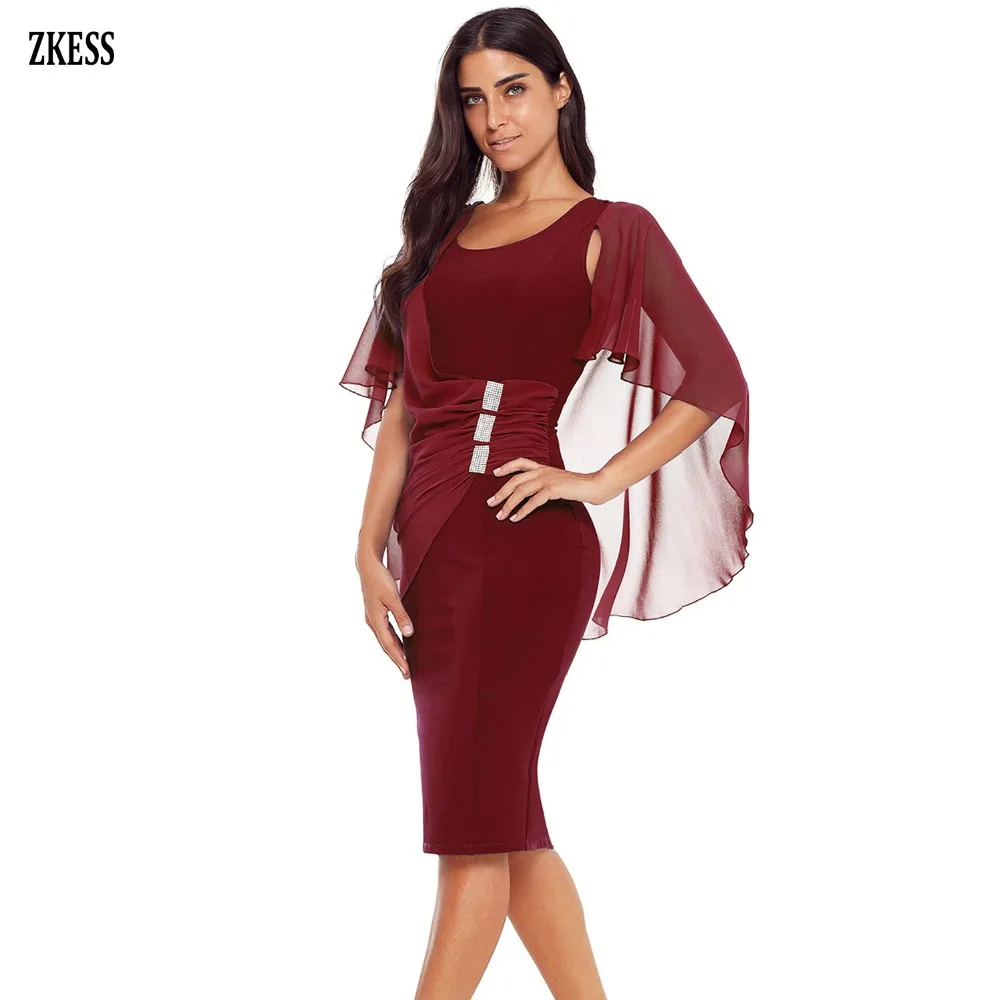 

Zkess Women Waist Pleats with Rhinestone Bodycon Midi Dress Sexy Mesh Lace Sleeve Ruched O Neck Party Club Fitted Dress LC610293