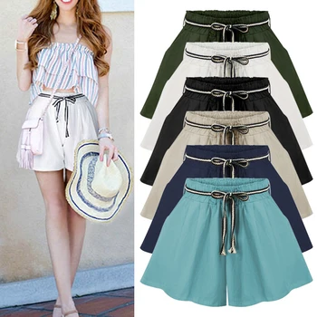 

Summer Loose High Waist Women Shorts Wide Leg Casual Thin Female Shorts Solid Large Size Cotton Sashes Shorts Beach Ladies
