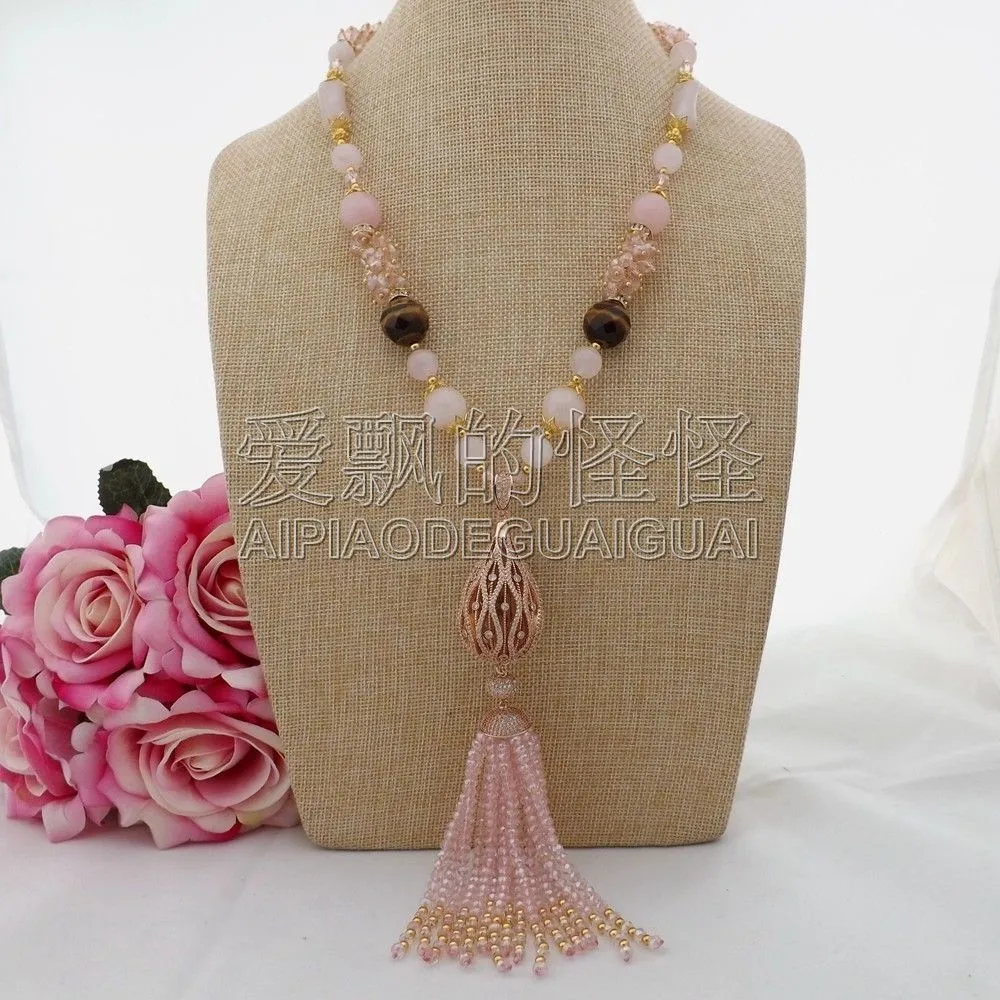 

22'' Tiger's Eyes Crystal Necklace CZ Pave Pendant