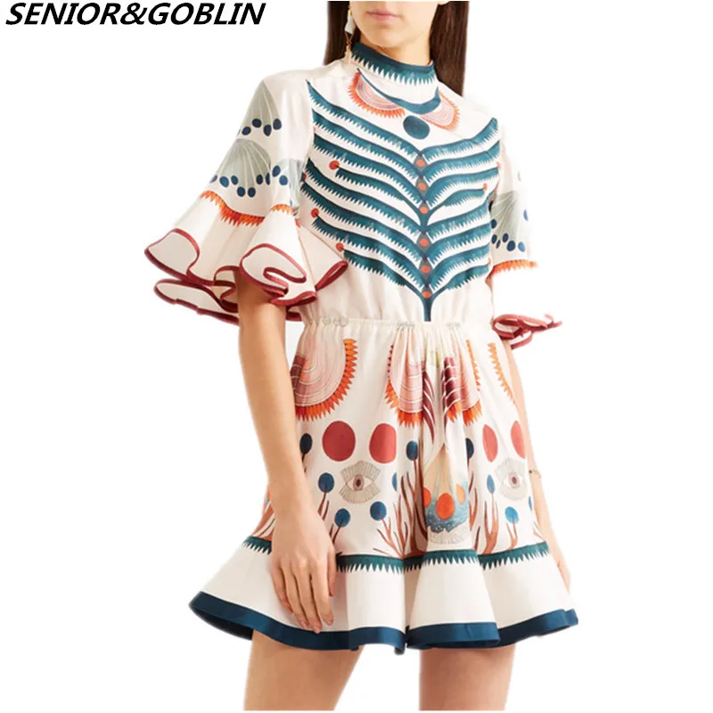 

New 2019 Lady Summer Harajuku Dress New Runway Designer Print Flare Sleeve Ruffle Mini Dress Women Bohemia Mushroom Boho Dress