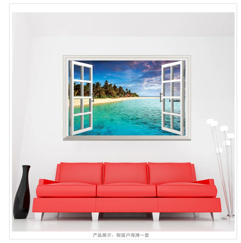 

Fake window seascape beach living room sofa background wall decoration room decoration wall decor sticker