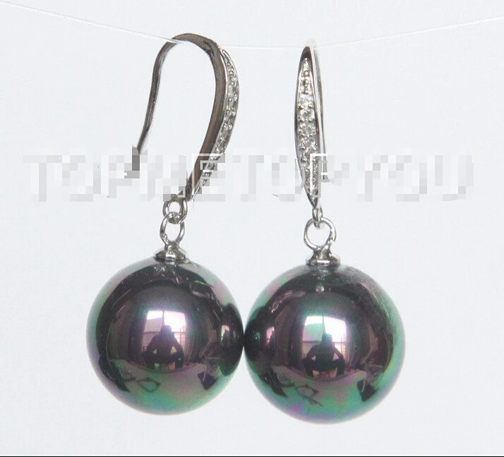 

-hot 14mm round peacock black south sea shell pearl Earrings 925 silver 157