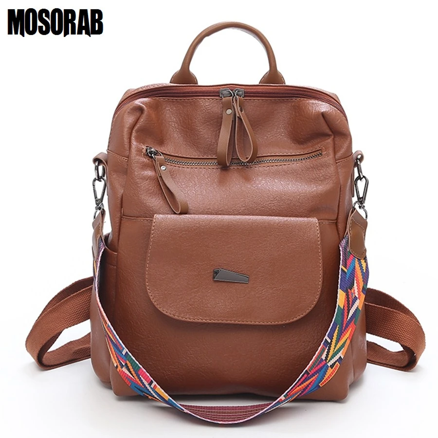 

MAGICYZ Vintage Retro Women Backpack School Colorful Strap Leather Bag School Backpacks For Teenage Girl Large Mochila Feminine