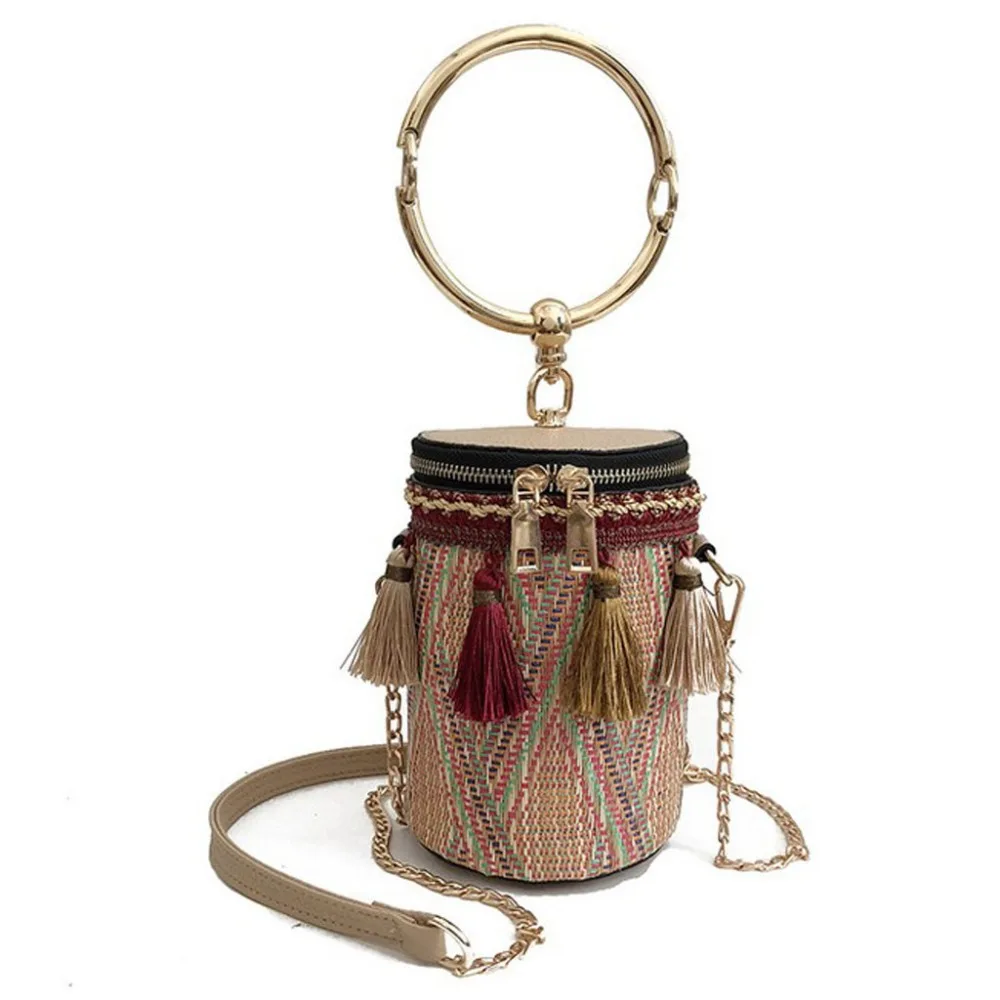 

2019 Brand Tote Retro Weave Feather Tassel Women's Handbag Shoulder Handbags Round Canvas Leather Capacity Bags For Women New