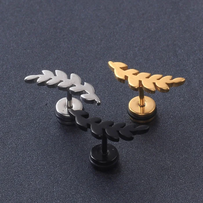 

Unique titanium Steel Bent leaf Earrings Screw Men Women Ear stud Earrings 2pcs
