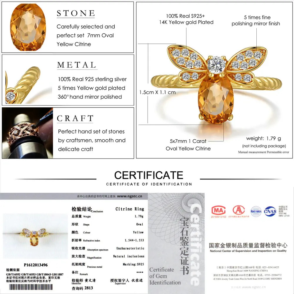 LAMOON Women Rings 925 Sterling Silver Fine Jewelry Animal Bee 5x7mm 1ct Natural Oval Citrine Wedding Ring Fashion Anillos Mujer